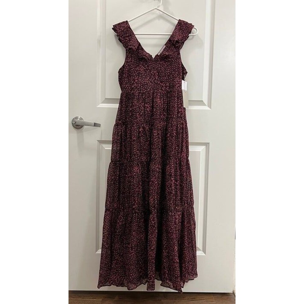 Chelsea28 Ruffle Neck Abstract Animal Print Tiered Chiffon Maxi Dress (Size XS)